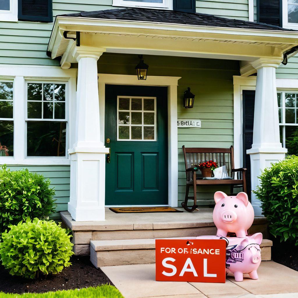 A welcoming front porch of a cozy home with a 'For Sale' sign and a couple discussing plans with a friendly mortgage advisor. Include visual representations of savings like piggy banks, house icons, and paperwork for mortgage refinancing scattered around. Sunlight filtering through green trees adds warmth. super-realistic. vibrant colors. soft focus.