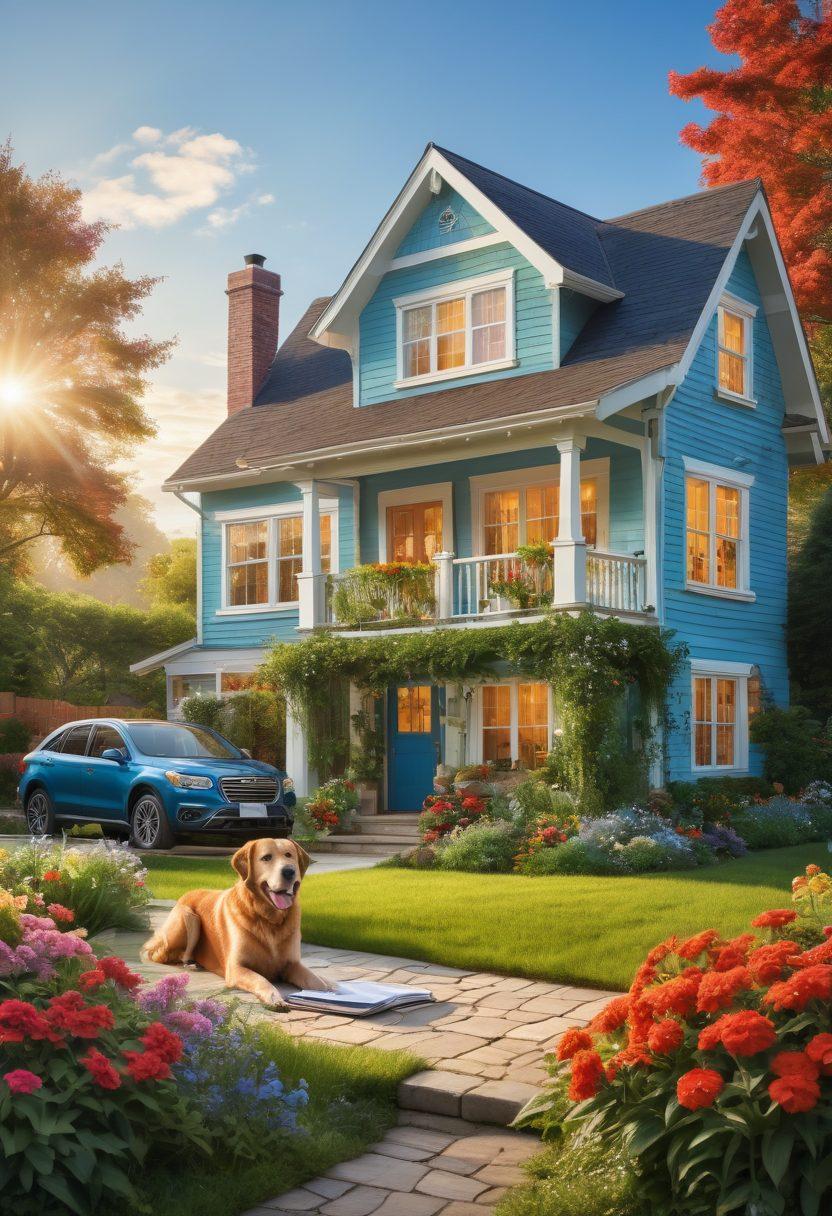 A cozy, inviting home is surrounded by lush greenery, symbolizing warmth and happiness. In the foreground, a couple joyfully examines financial documents, representing affordable financing and smart loan strategies. A bright blue sky suggests optimism and new beginnings, with soft sunlight illuminating the scene. Include playful elements like a happy dog and colorful flowers for added warmth. vibrant colors. super-realistic.