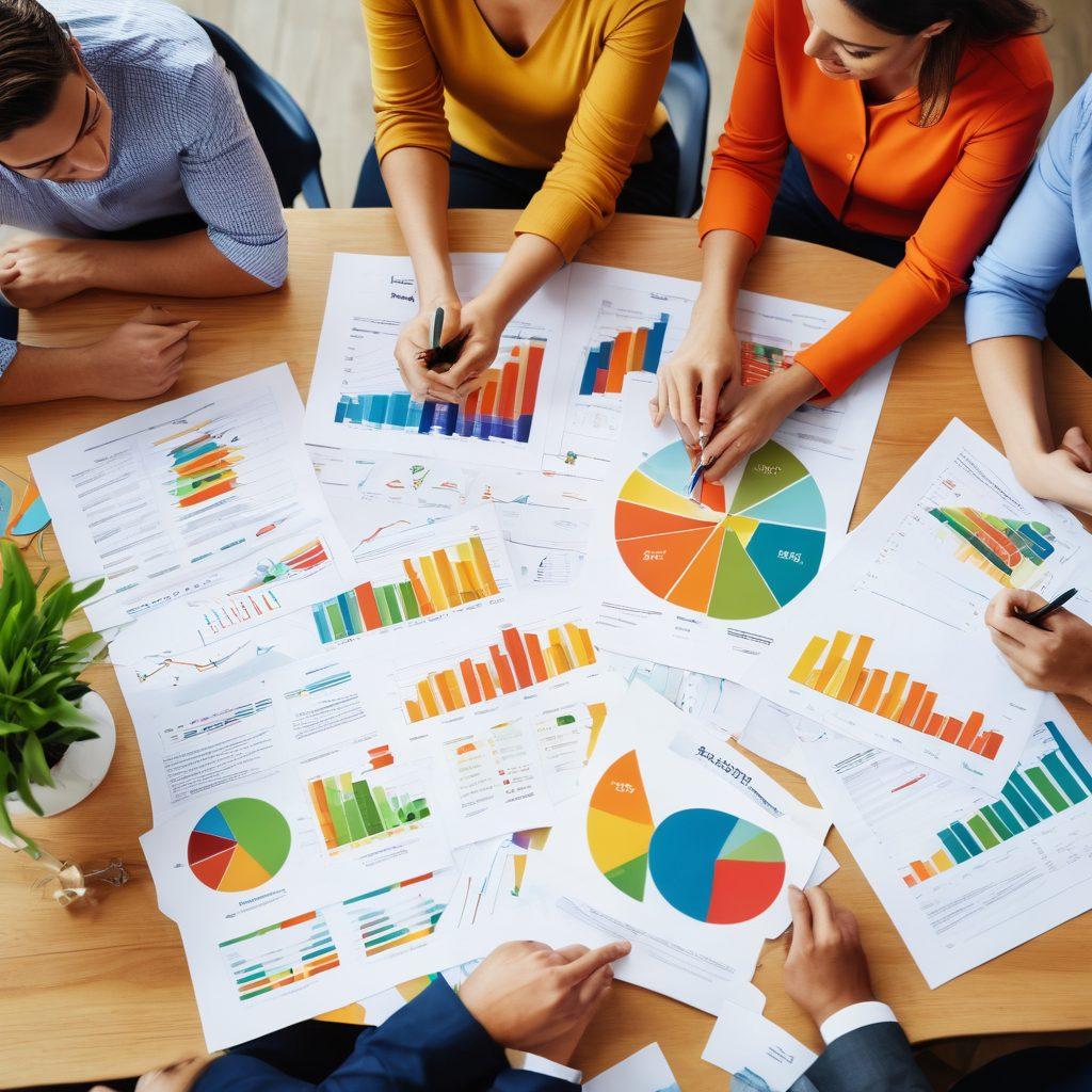A diverse group of people joyfully discussing financial strategies around a table filled with colorful charts and loan documents. Emphasize a feeling of empowerment and collaboration, with visual elements symbolizing growth like plants and upward arrows. Use bright and inviting colors to convey a sense of happiness and optimism about financial futures. super-realistic. vibrant colors. professional setting.